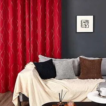 Deconovo Blackout Grommet Silver Pattern Printed Curtains, Red, 42W x 95L