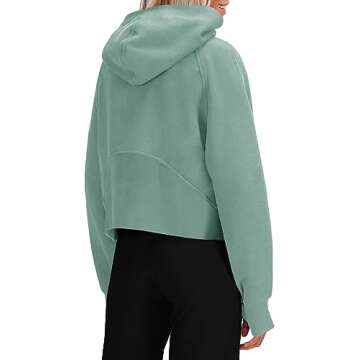 Fisoew Womens Zip Up Sweatshirts Fleece Lined Collar Crop Hoodie Casual Cotton Long Sleeve Tops with Thumb Hole Dark Green