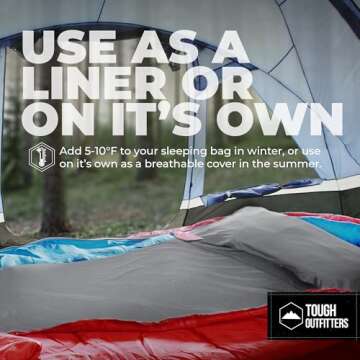 Tough Outdoors Sleeping Bag Liner - Adult Sleep Sack & Travel Sheets for Hotel - Camping Sleeping Bag Liners for Cold Weather - Double (Fits 2 People) - Gray with Zipper