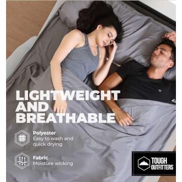 Tough Outdoors Sleeping Bag Liner - Adult Sleep Sack & Travel Sheets for Hotel - Camping Sleeping Bag Liners for Cold Weather - Double (Fits 2 People) - Gray with Zipper