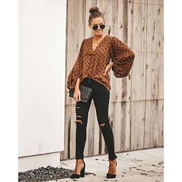 AlvaQ Women Fashion Polka Dot Print Long Balloon Sleeve Shirts Casual Loose Blouses Tops Fashion 2020 Brown Medium