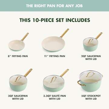 GreenPan Reserve Hard Anodized Healthy Ceramic Nonstick 10 Piece Cookware Pots and Pans Set, Gold-Tone Stainless Steel Handles, PFAS & PFOA-Free, Dishwasher Safe, Oven & Broiler Safe, Julep Green