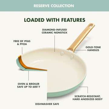 GreenPan Reserve Hard Anodized Healthy Ceramic Nonstick 10 Piece Cookware Pots and Pans Set, Gold-Tone Stainless Steel Handles, PFAS & PFOA-Free, Dishwasher Safe, Oven & Broiler Safe, Julep Green