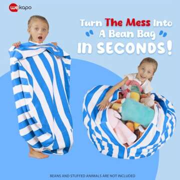 Wekapo Stuffed Animal Storage Bean Bag Chair Cover for Kids | Stuffable Zipper Beanbag for Organizing Children Plush Toys Large Premium Cotton Canvas (Blue, XX-Large)