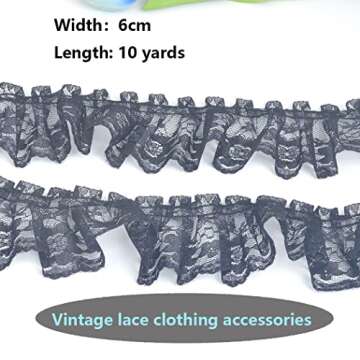 Kuasting 11 Yards Vintage Lace Pleated Fabric Trimming Ruffle Fabric Embroidered Sewing Craft Wedding Bridal Dress Appliques Patches & Handmade DIY Sewing (Black)