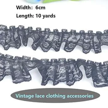 Kuasting 11 Yards Vintage Lace Pleated Fabric Trimming Ruffle Fabric Embroidered Sewing Craft Wedding Bridal Dress Appliques Patches & Handmade DIY Sewing (Black)