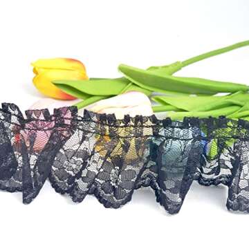 Kuasting 11 Yards Vintage Lace Pleated Fabric Trimming Ruffle Fabric Embroidered Sewing Craft Wedding Bridal Dress Appliques Patches & Handmade DIY Sewing (Black)