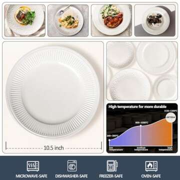Artena Ceramic Dinner Plates Set of 4, 10.5 inch Embossed White Kitchen Plates for Salad, Dessert, A...