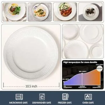 Artena Ceramic Dinner Plates Set of 4, 10.5 inch Embossed White Kitchen Plates for Salad, Dessert, A...