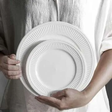 Artena Ceramic Dinner Plates Set of 4, 10.5 inch Embossed White Kitchen Plates for Salad, Dessert, Appetizer, Steak, Serving Dishes for Entertaining, Modern Large Flat Plates for Restaurant, Parties