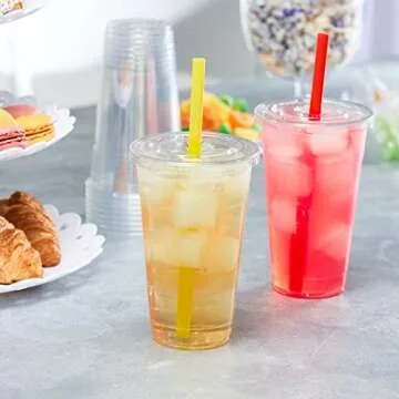 Comfy Package [24 oz. - 100 sets Clear Plastic Cups With Flat Lids & Straws - Disposable Clear Drinking Cups For Iced Coffee, Cold Drinks, Milkshakes, and Smoothies
