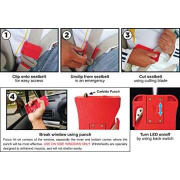 General Tools 3-in-1 Car Emergency Escape Tool - Essential Safety Hammer, Seatbelt Cutter, and LED L...