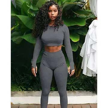 OYS Women's Workout 2 Piece Outfits Seamless High Waist Yoga Leggings Running Sports Long Sleeve Gym Sets Grey