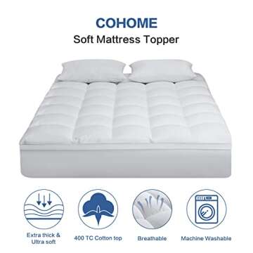 COHOME King Size Mattress Topper Extra Thick Cooling Mattress Pad 400TC Cotton Top Plush Down Alternative Fill Pillow Top Mattress Cover with 8-21 Inch Deep Pocket (78x80 Inches, White-Classic)