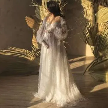 Tulle Maternity Dress for Photoshoot Long Puffy Sleeves Off Shoulder Pregnancy BabyShower Dresses Pearl Bridal Lingerie Robe White S-M