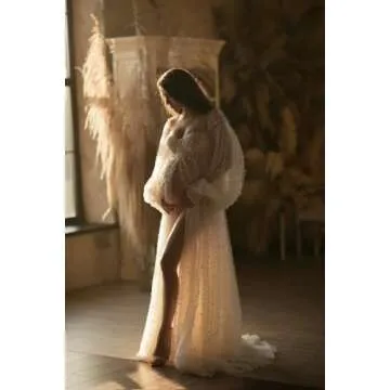 Tulle Maternity Dress for Photoshoot Long Puffy Sleeves Off Shoulder Pregnancy BabyShower Dresses Pearl Bridal Lingerie Robe White S-M