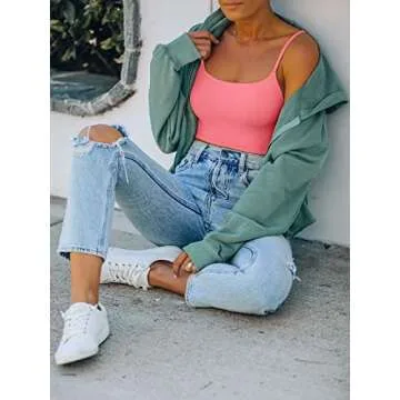 REORIA Women's Summer Sexy Sleeveless Adjustable Spaghetti Strap Cami Camisole Basic Fitted Seamless Yoga Cropped Tank Cute Crop Tops Peach Pink Medium