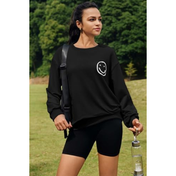 ReachMe Womens Cute Graphic Crewneck Sweatshirts Fashion Smile Pullover Tops Casual Loose Happy Face Sweatshirt(2 Black,S)
