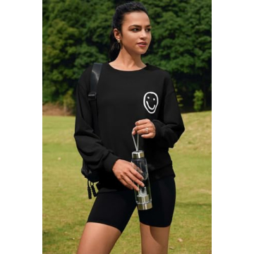 ReachMe Womens Cute Graphic Crewneck Sweatshirts Fashion Smile Pullover Tops Casual Loose Happy Face Sweatshirt(2 Black,S)