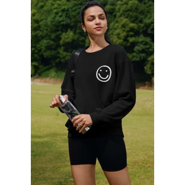 ReachMe Womens Cute Graphic Crewneck Sweatshirts Fashion Smile Pullover Tops Casual Loose Happy Face Sweatshirt(2 Black,S)
