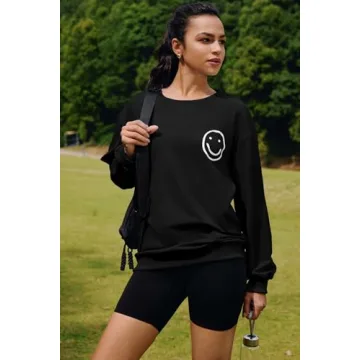 ReachMe Womens Cute Graphic Crewneck Sweatshirts Fashion Smile Pullover Tops Casual Loose Happy Face Sweatshirt(2 Black,S)