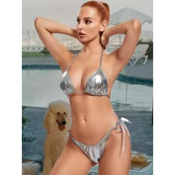 Metallic String Bikini for Women - Sexy Beach Glitter Swimsuits Bathing Suit Triangle Tops Side Tie Thong Bottom Set(Silver,XS,1026e)