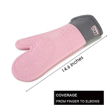 MS MOONSTONE Silicone Oven Mitts with Extra Long Cuff and Comfort Lining,Heat Resistant Food Grade Cooking Mittens for Baking,Grilling and Pot Holders,1 Pair,Pink