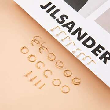 Vegolita 24Pcs 20G Surgical Steel Nose Rings Hoop Nose Studs Tragus Cartilage Earrings Piercing Jewe...