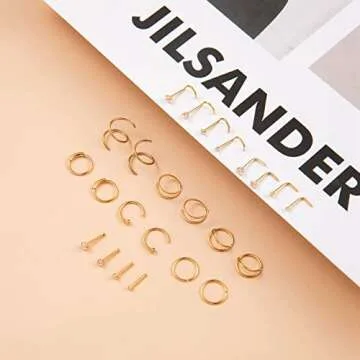 Vegolita 24Pcs 20G Surgical Steel Nose Rings Hoop Nose Studs Tragus Cartilage Earrings Piercing Jewe...