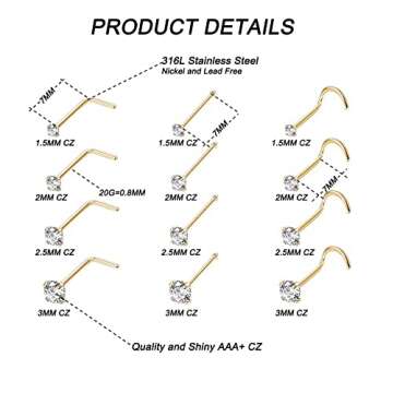 Vegolita 24Pcs 20G Surgical Steel Nose Rings Hoop Nose Studs Tragus Cartilage Earrings Piercing Jewelry 1.5mm 2mm 2.5mm 3mm CZ Gold