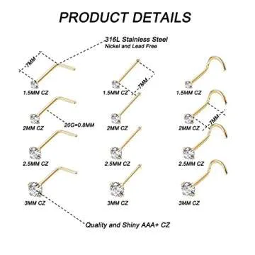 Vegolita 24Pcs 20G Surgical Steel Nose Rings Hoop Nose Studs Tragus Cartilage Earrings Piercing Jewelry 1.5mm 2mm 2.5mm 3mm CZ Gold