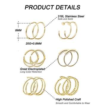 Vegolita 24Pcs 20G Surgical Steel Nose Rings Hoop Nose Studs Tragus Cartilage Earrings Piercing Jewelry 1.5mm 2mm 2.5mm 3mm CZ Gold