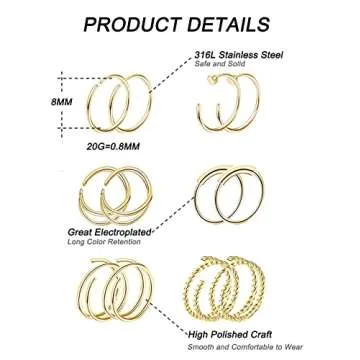 Vegolita 24Pcs 20G Surgical Steel Nose Rings Hoop Nose Studs Tragus Cartilage Earrings Piercing Jewelry 1.5mm 2mm 2.5mm 3mm CZ Gold