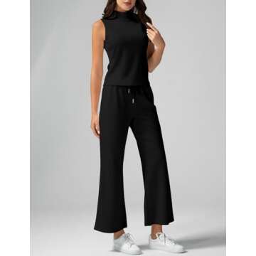 Casly Lamiit Two Piece Outfits for Women Wide Leg Pants Lounge Sets 2025 Fashion 2 Piece Summer Sets Sleeveless Round Neck Top Matching Sets Spring Trending Tracksuit Black Small