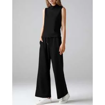 Casly Lamiit Two Piece Outfits for Women Wide Leg Pants Lounge Sets 2025 Fashion 2 Piece Summer Sets Sleeveless Round Neck Top Matching Sets Spring Trending Tracksuit Black Small