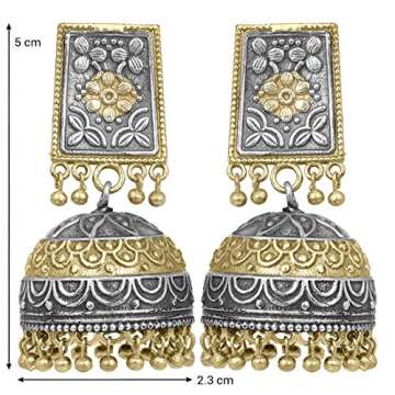 Aheli Bohemian Two Tone Oxidized Boho Floral Design Dangle Jhumki Earrings Gift for Indian Women Ethnic Traditional Wedding Party Jewelry