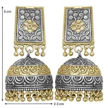 Aheli Bohemian Two Tone Oxidized Boho Floral Design Dangle Jhumki Earrings Gift for Indian Women Ethnic Traditional Wedding Party Jewelry