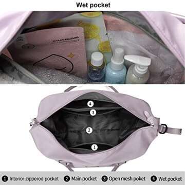 Travel Duffel Bags for Women,Weekender Overnight Bag with Wet Pocket & Toiletry Bag,Carry On Personal Item Bag,Travel Tote Gym Bag,Light Purple