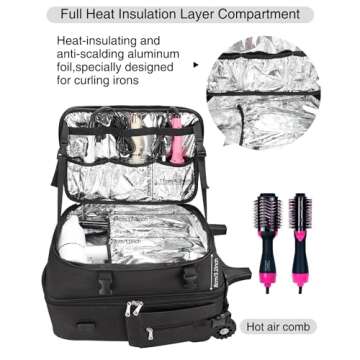 Relavel Barber Travel Backpack, Rolling Makeup Train Case Hairstylist Traveling Bag for Hairdressers and Makeup Artists, Heat Insulation Layer and Adjustable Dividers Cosmetology Case on Wheels