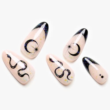 GLAMERMAID Nude White Press on Nails Medium Black French Tip, Winter Gothic Fake Nails, Acrylic False Nail Kits with Glitter Snake, Stick Glue on Nails Sets, Round Oval Nails for Women