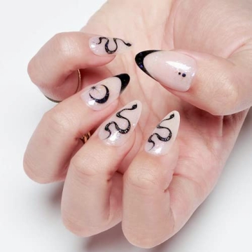 GLAMERMAID Nude White Press on Nails Medium Black French Tip, Winter Gothic Fake Nails, Acrylic False Nail Kits with Glitter Snake, Stick Glue on Nails Sets, Round Oval Nails for Women
