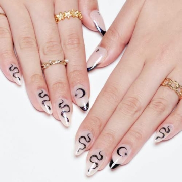 GLAMERMAID Nude White Press on Nails Medium Black French Tip, Winter Gothic Fake Nails, Acrylic False Nail Kits with Glitter Snake, Stick Glue on Nails Sets, Round Oval Nails for Women