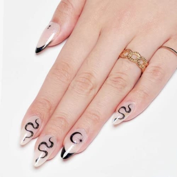 GLAMERMAID Nude White Press on Nails Medium Black French Tip, Winter Gothic Fake Nails, Acrylic False Nail Kits with Glitter Snake, Stick Glue on Nails Sets, Round Oval Nails for Women