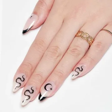 GLAMERMAID Nude White Press on Nails Medium Black French Tip, Winter Gothic Fake Nails, Acrylic False Nail Kits with Glitter Snake, Stick Glue on Nails Sets, Round Oval Nails for Women