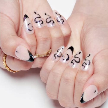 GLAMERMAID Nude White Press on Nails Medium Black French Tip, Winter Gothic Fake Nails, Acrylic False Nail Kits with Glitter Snake, Stick Glue on Nails Sets, Round Oval Nails for Women