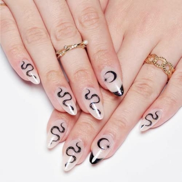 GLAMERMAID Nude White Press on Nails Medium Black French Tip, Winter Gothic Fake Nails, Acrylic False Nail Kits with Glitter Snake, Stick Glue on Nails Sets, Round Oval Nails for Women