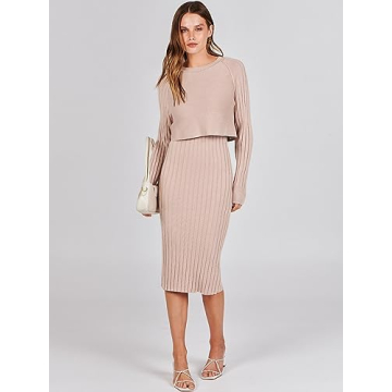 ANRABESS Womens 2 Piece Outfits Sweater Dresses Set Midi Skirt Sets Long Sleeve Crop Top Bodycon Ribbed Knit Dress 2024 Fall