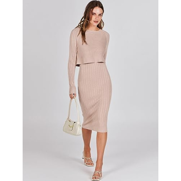 ANRABESS Womens 2 Piece Outfits Sweater Dresses Set Midi Skirt Sets Long Sleeve Crop Top Bodycon Ribbed Knit Dress 2024 Fall