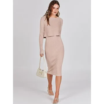 ANRABESS Womens 2 Piece Outfits Sweater Dresses Set Midi Skirt Sets Long Sleeve Crop Top Bodycon Ribbed Knit Dress 2024 Fall