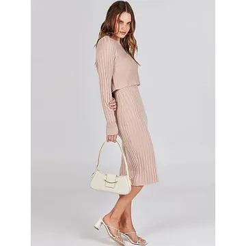 ANRABESS Womens 2 Piece Outfits Sweater Dresses Set Midi Skirt Sets Long Sleeve Crop Top Bodycon Ribbed Knit Dress 2024 Fall
